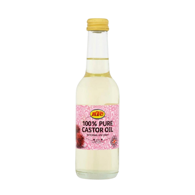 Bottle of 100% pure castor oil with a pink label on a white background